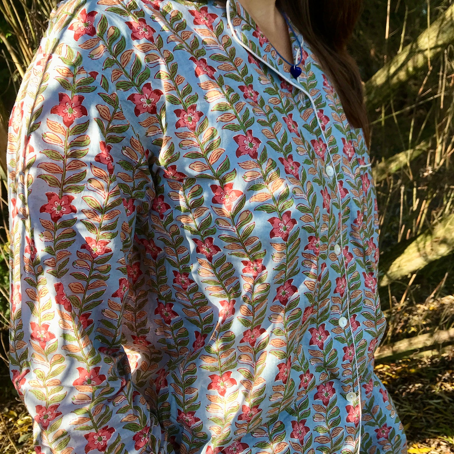 women cotton pyjama blue and pink floral design