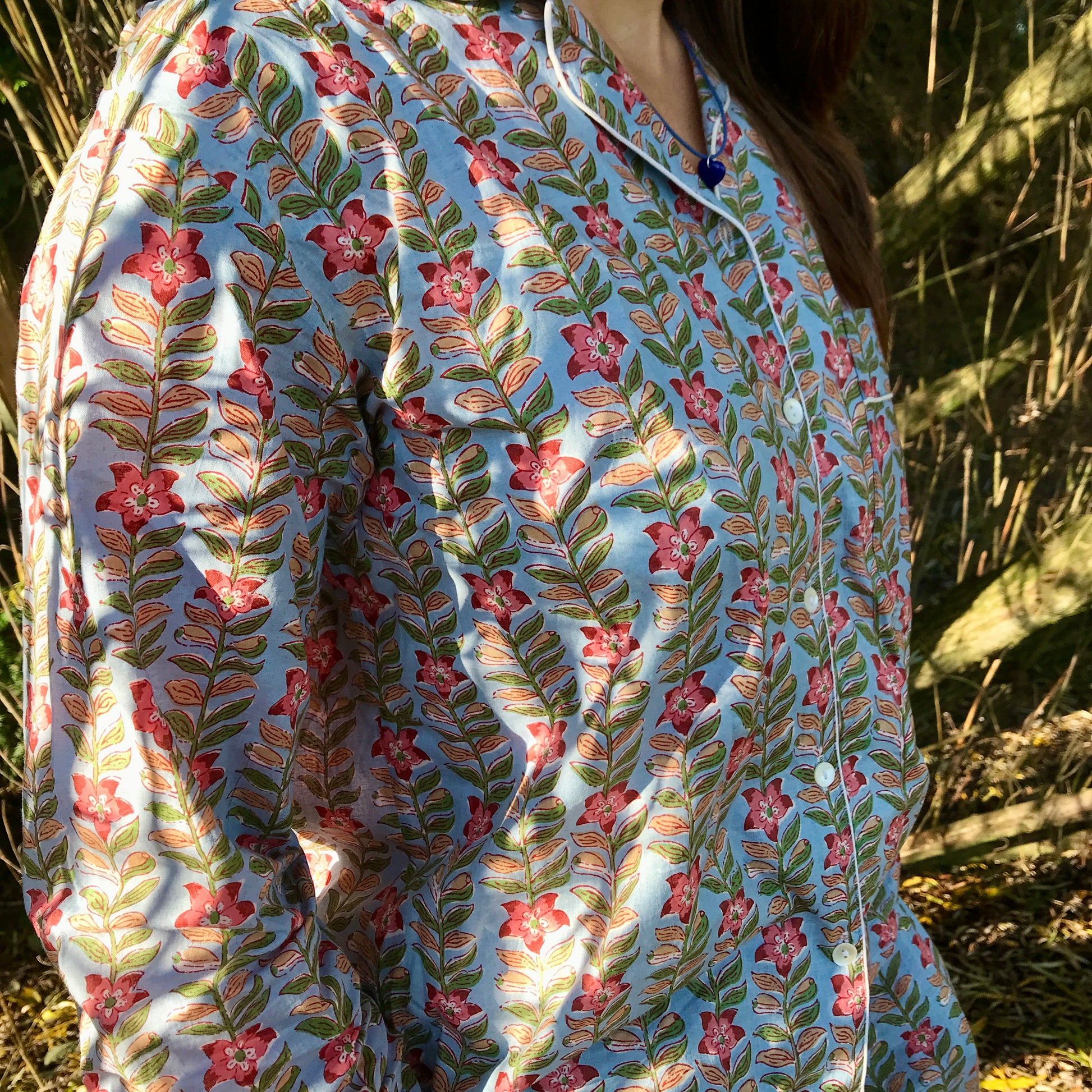 women cotton pyjama blue and pink floral design