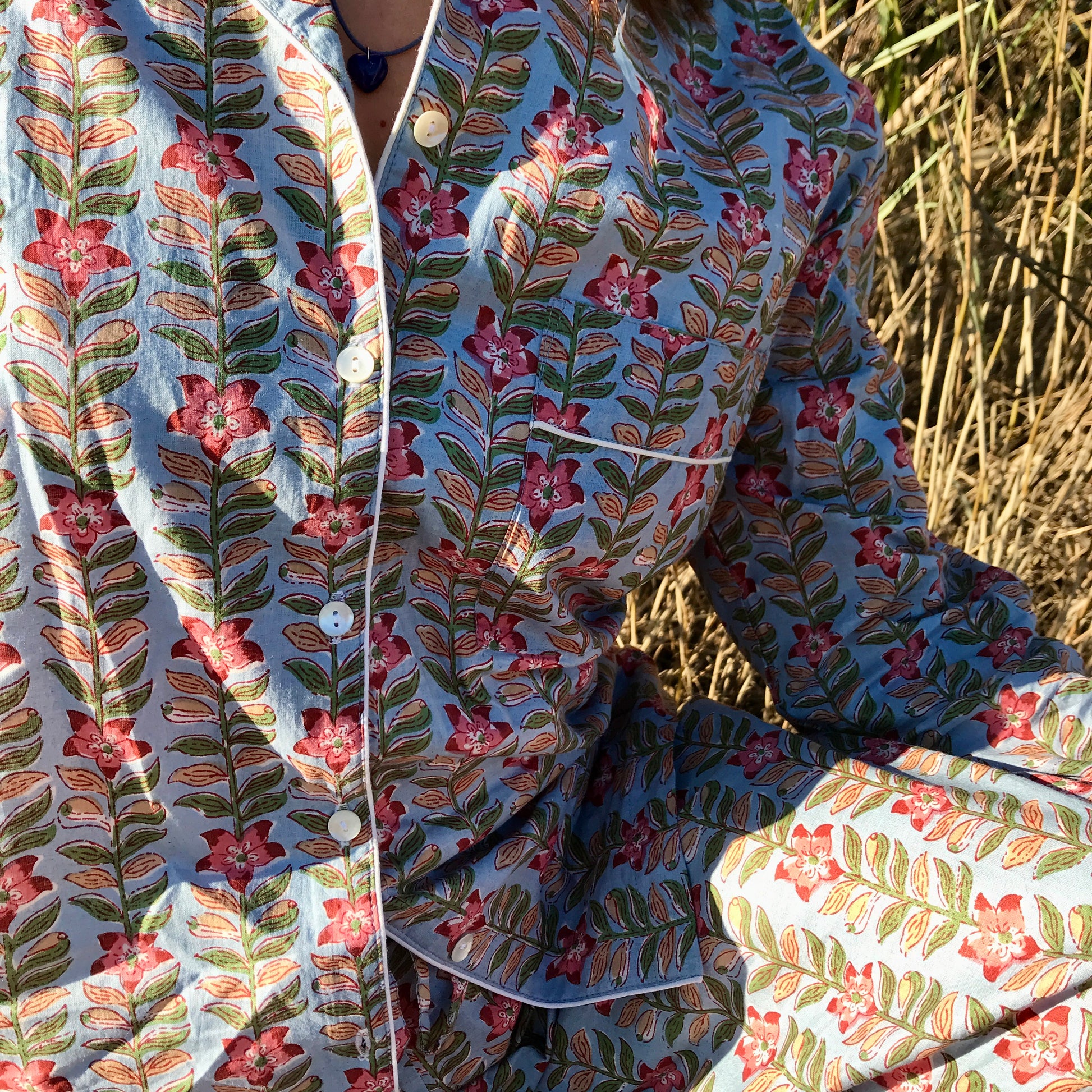 women wearing cotton pyjama blue and pink floral design