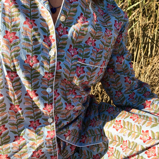 women wearing cotton pyjama blue and pink floral design