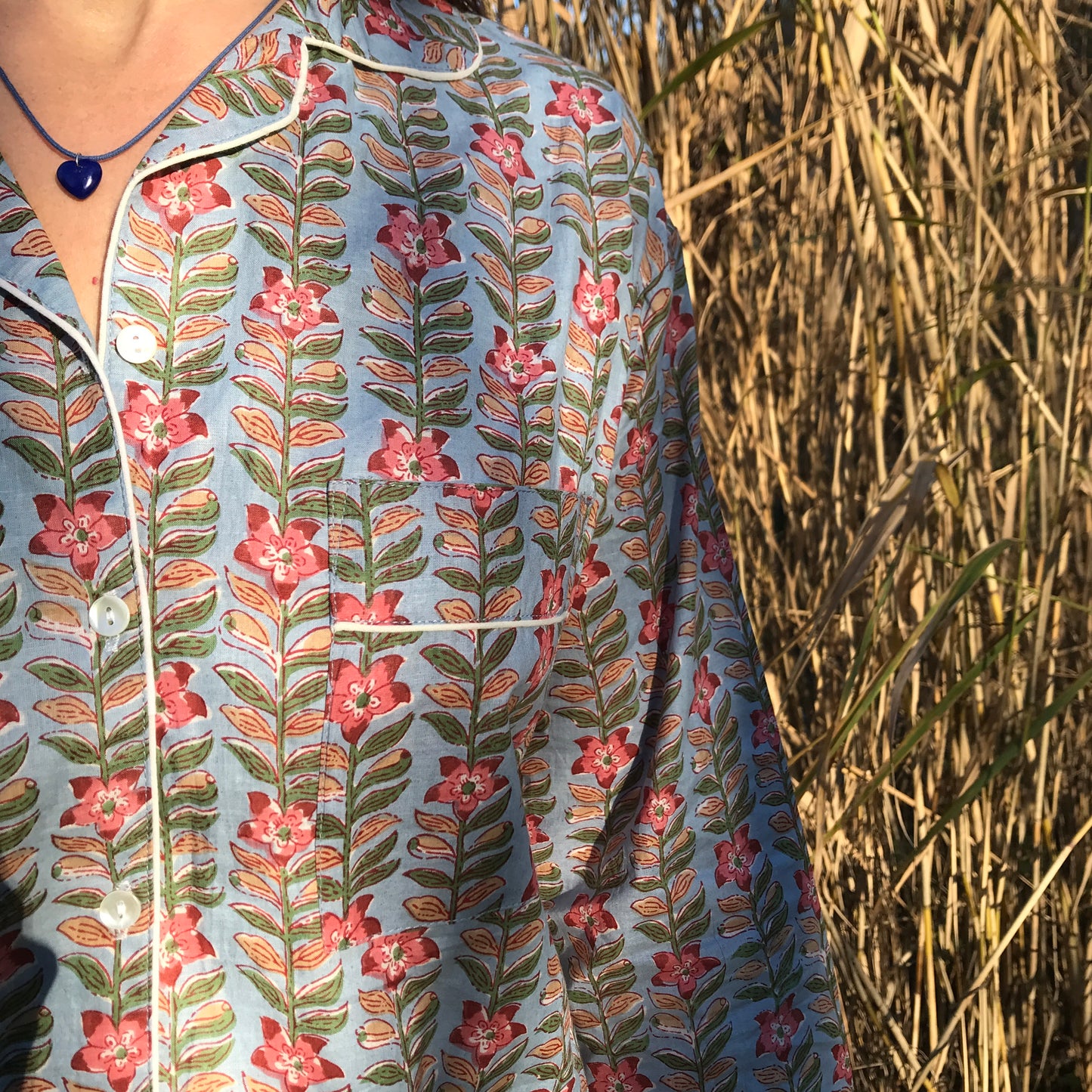 women cotton pyjama blue and pink floral design