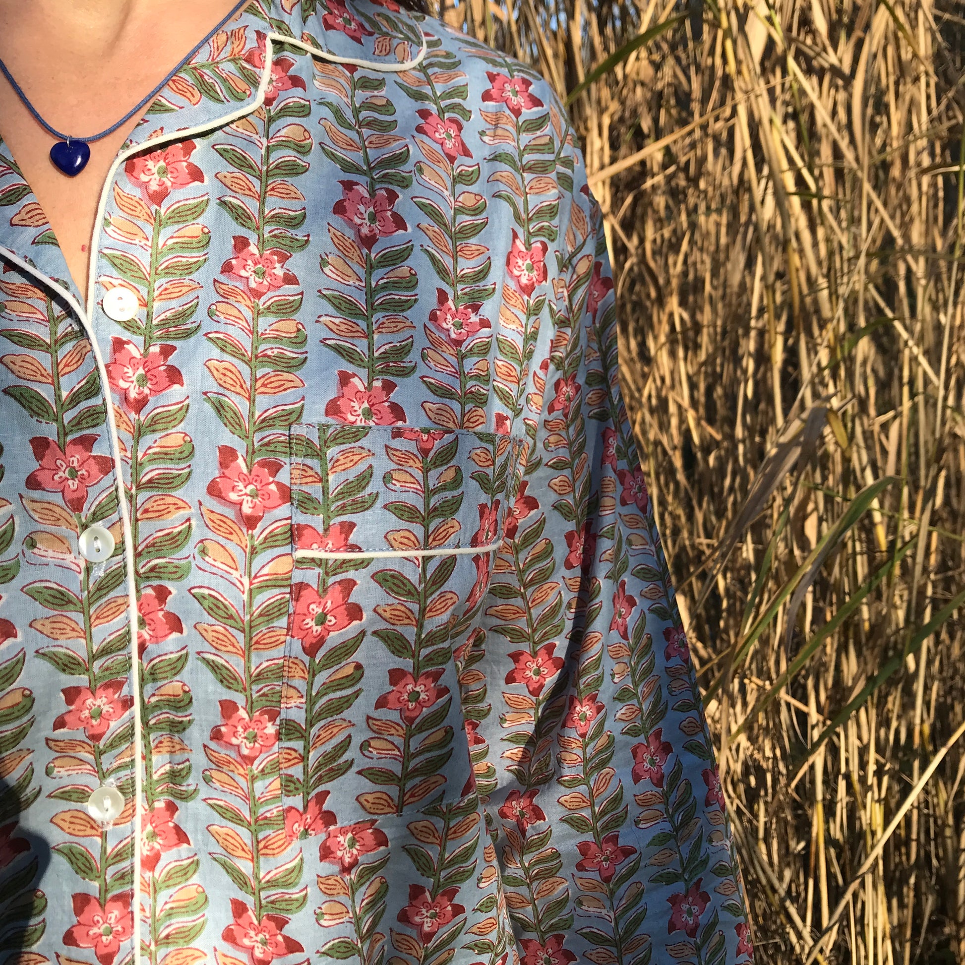 women cotton pyjama blue and pink floral design