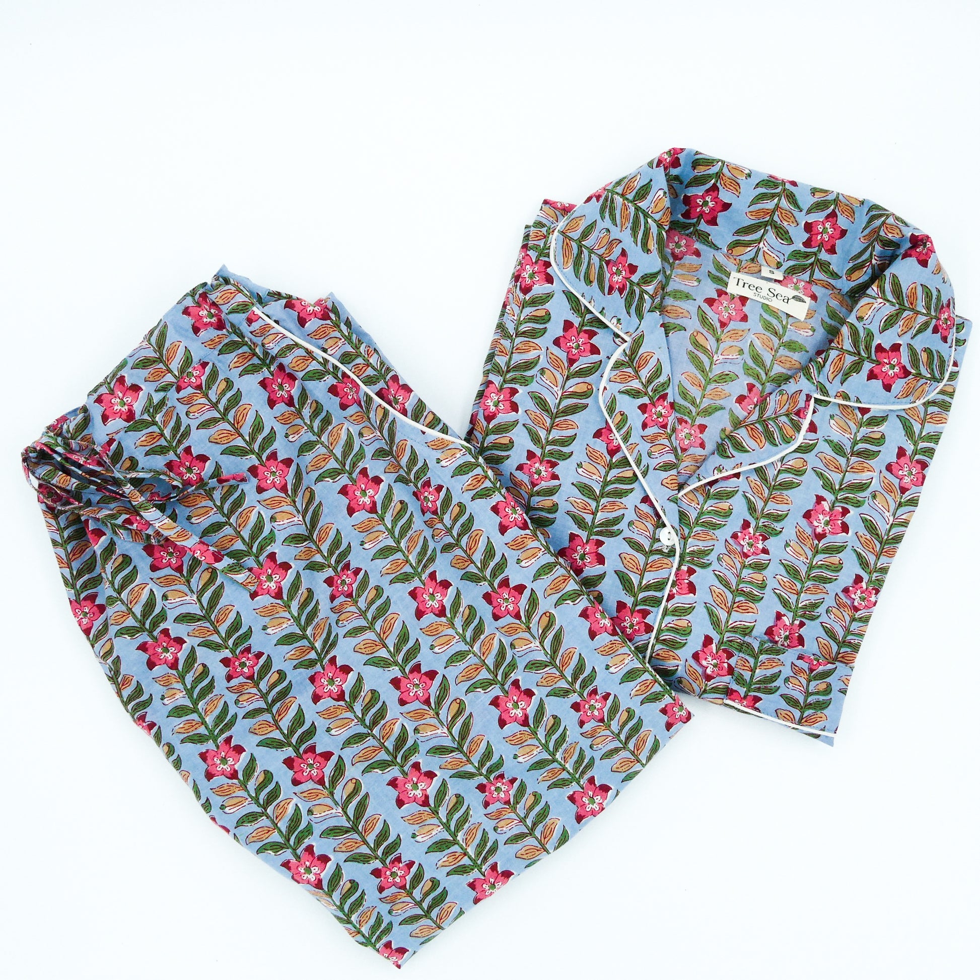 pyjama set cotton  blue and pink floral design