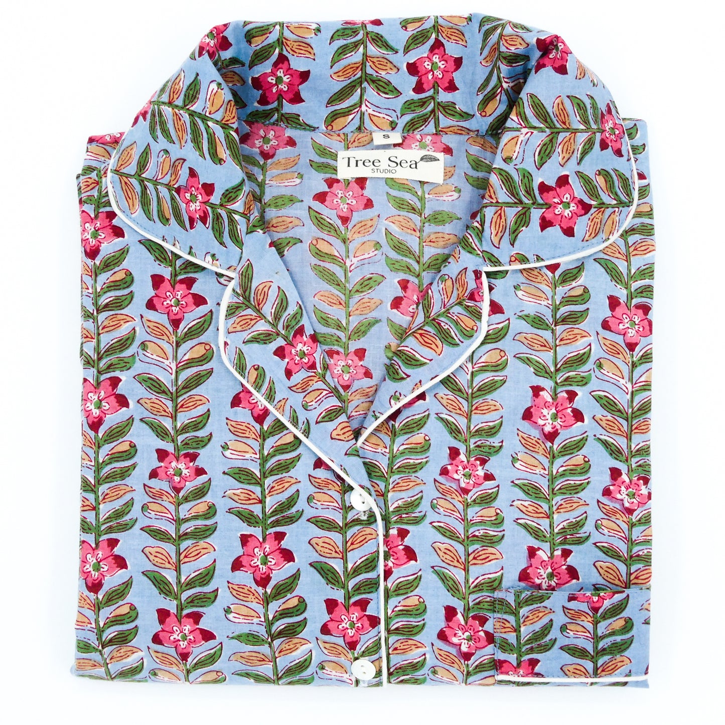 pyjama top cotton blue and pink floral design