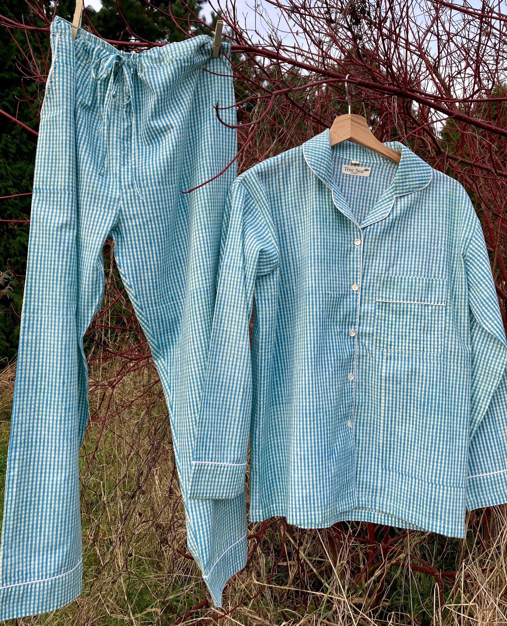 cotton  women pyjama with blue green stripes