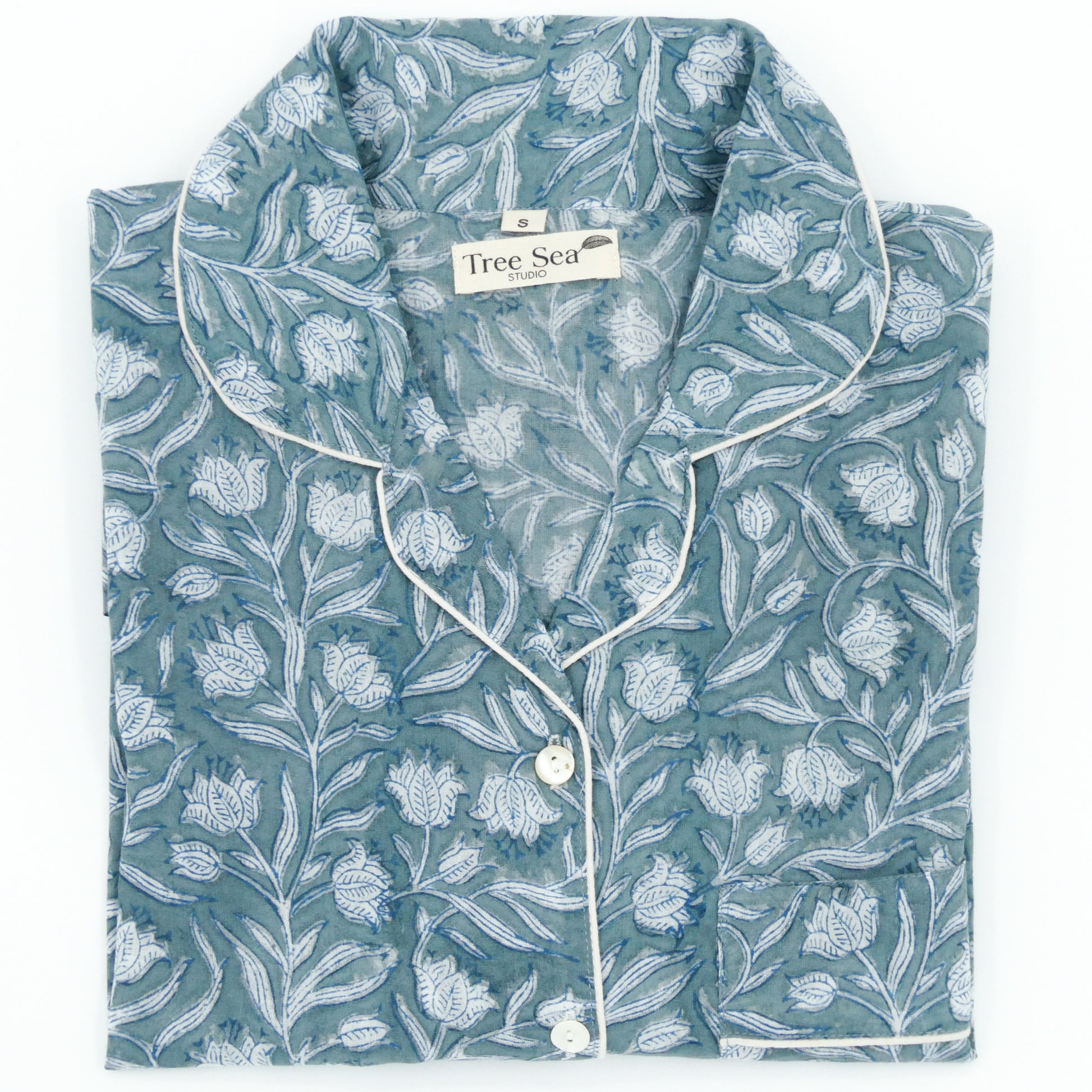 pyjama top for women cotton with blue-white-floral-design