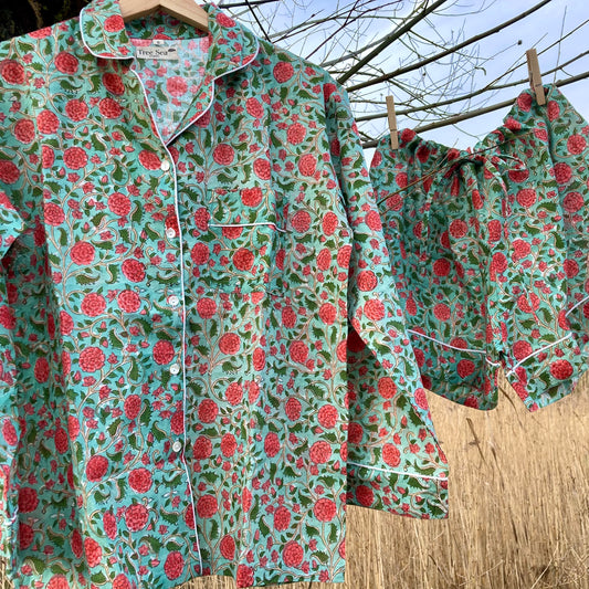 cotton pyjama set women pink green floral design