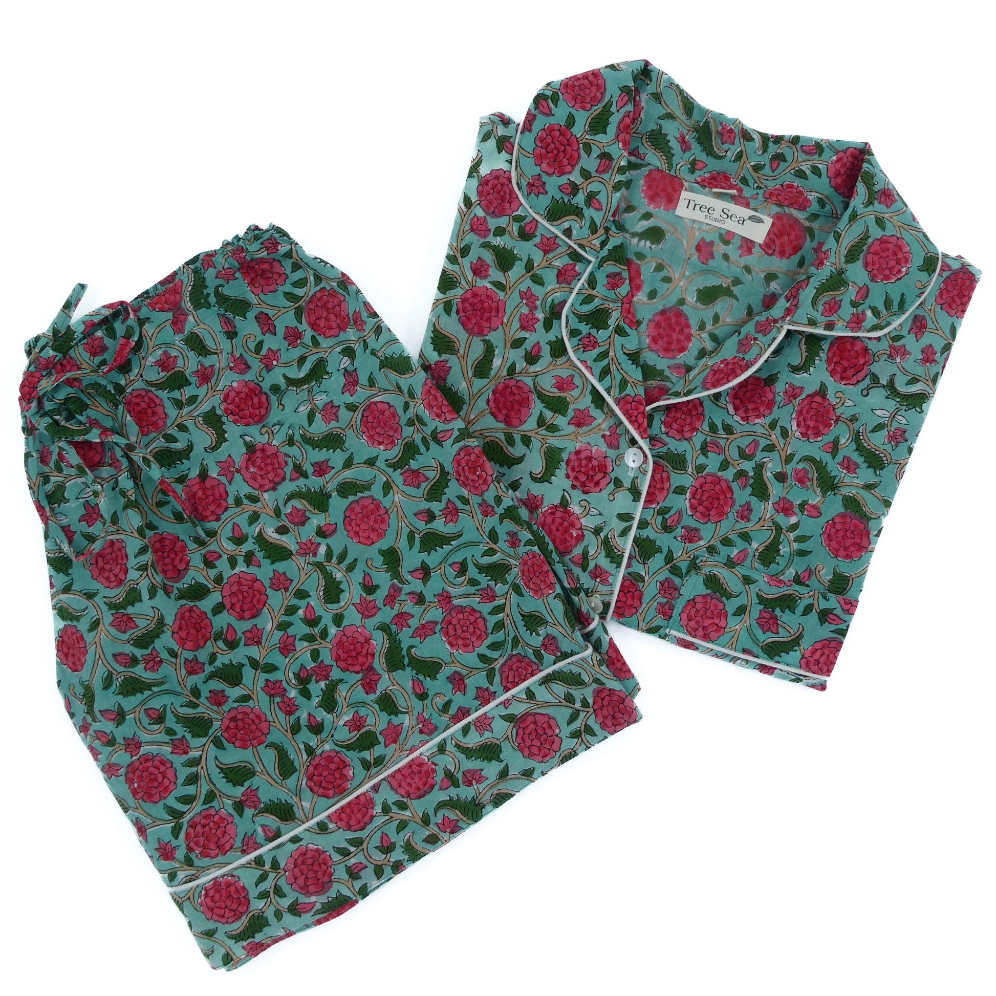 cotton pyjama set women pink green floral design
