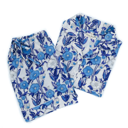 pyjama women set blue white floral design